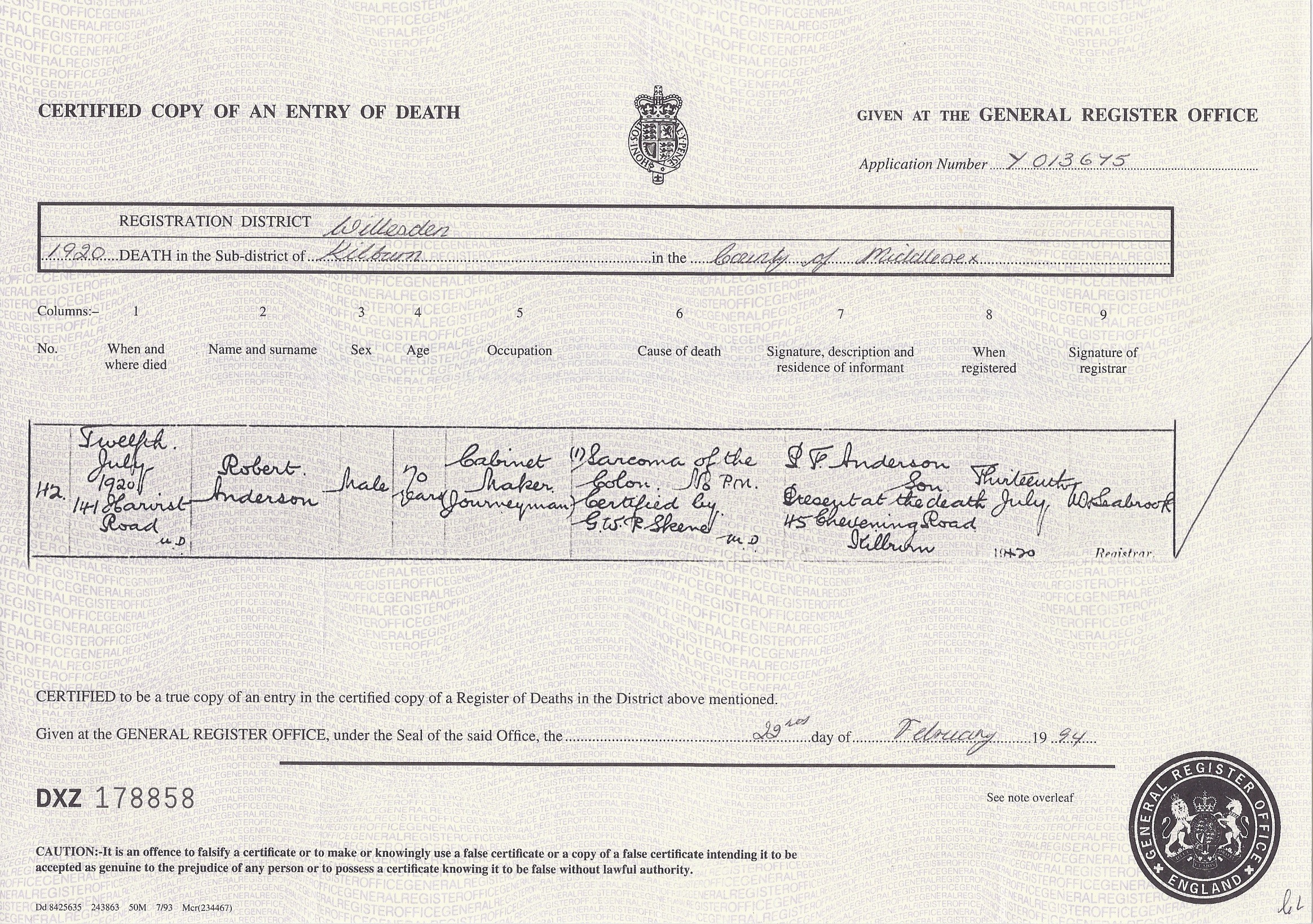 Robert Jnr. Anderson's Death Certficate