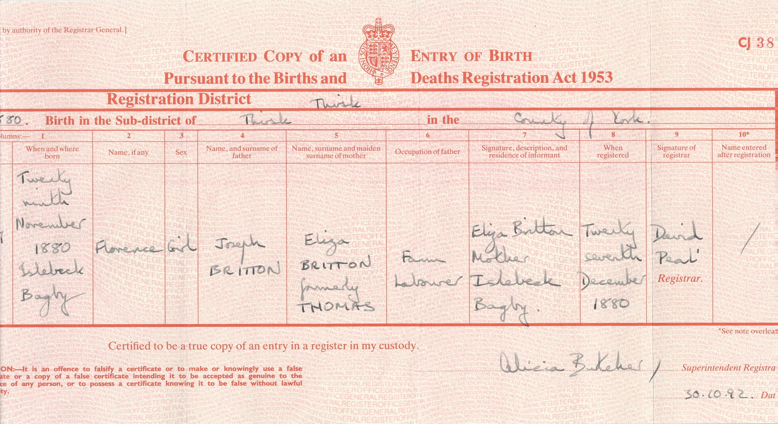 Florence Britton's Birth Certificate