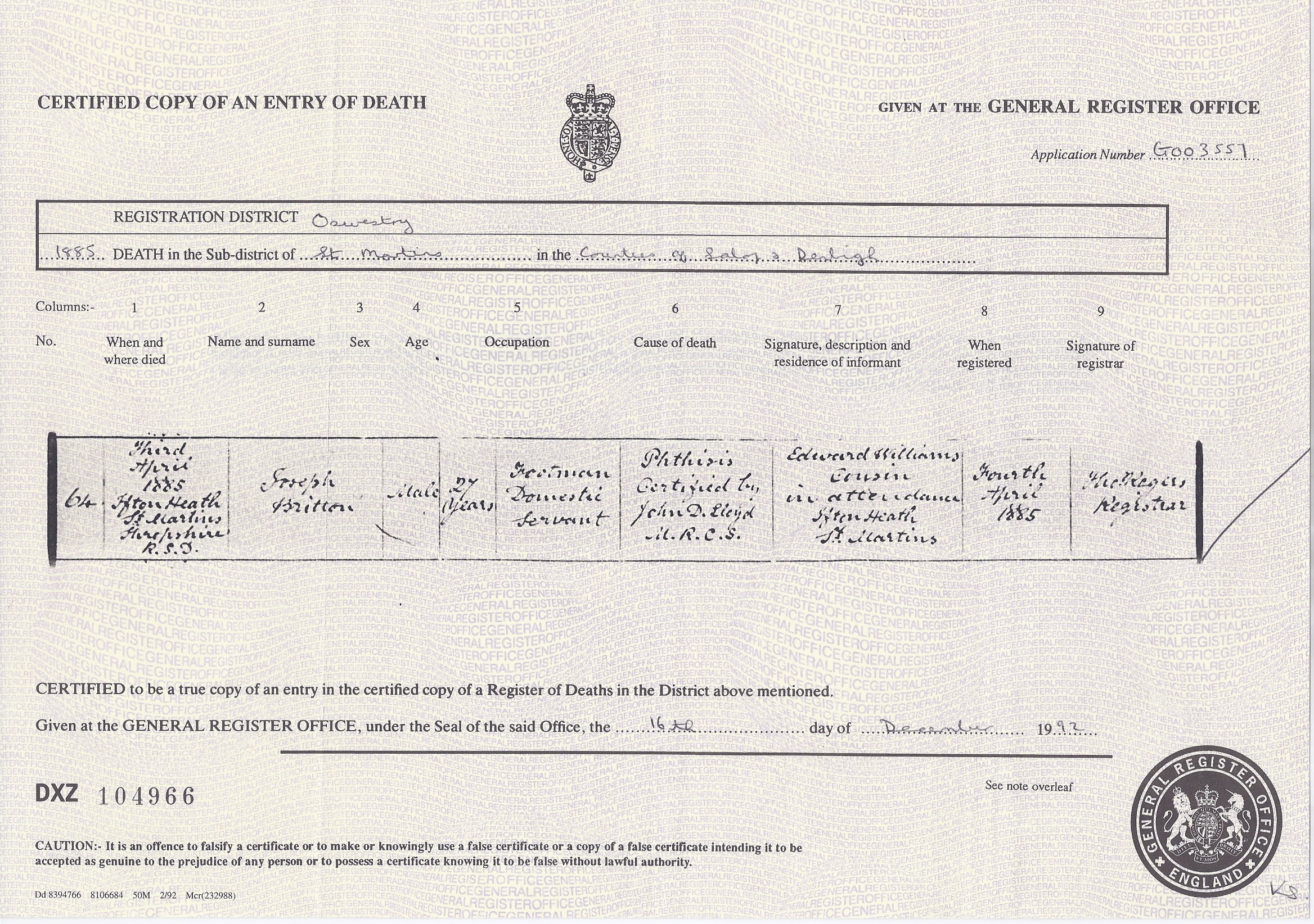 Joseph Britton's Death Certificate