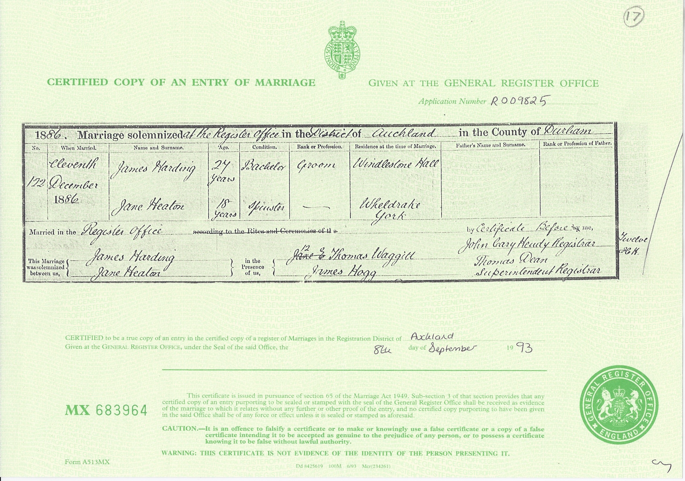 Marriage Certificate for James Harding and Jane Heaton
