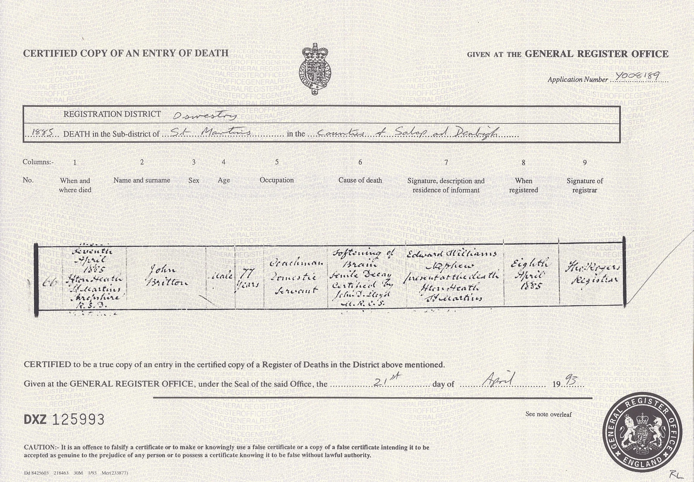 John Britton's Death Certificate
