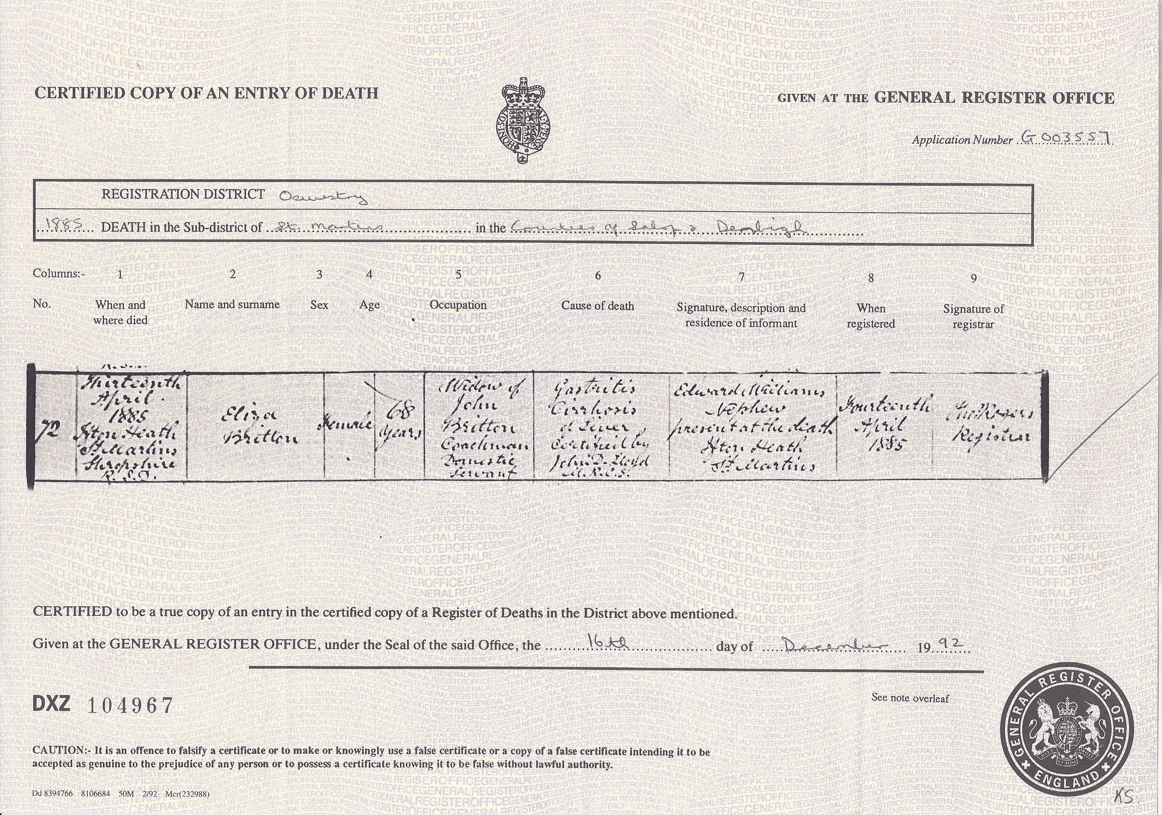 Eliza (Snr.) Britton's Death Certificate