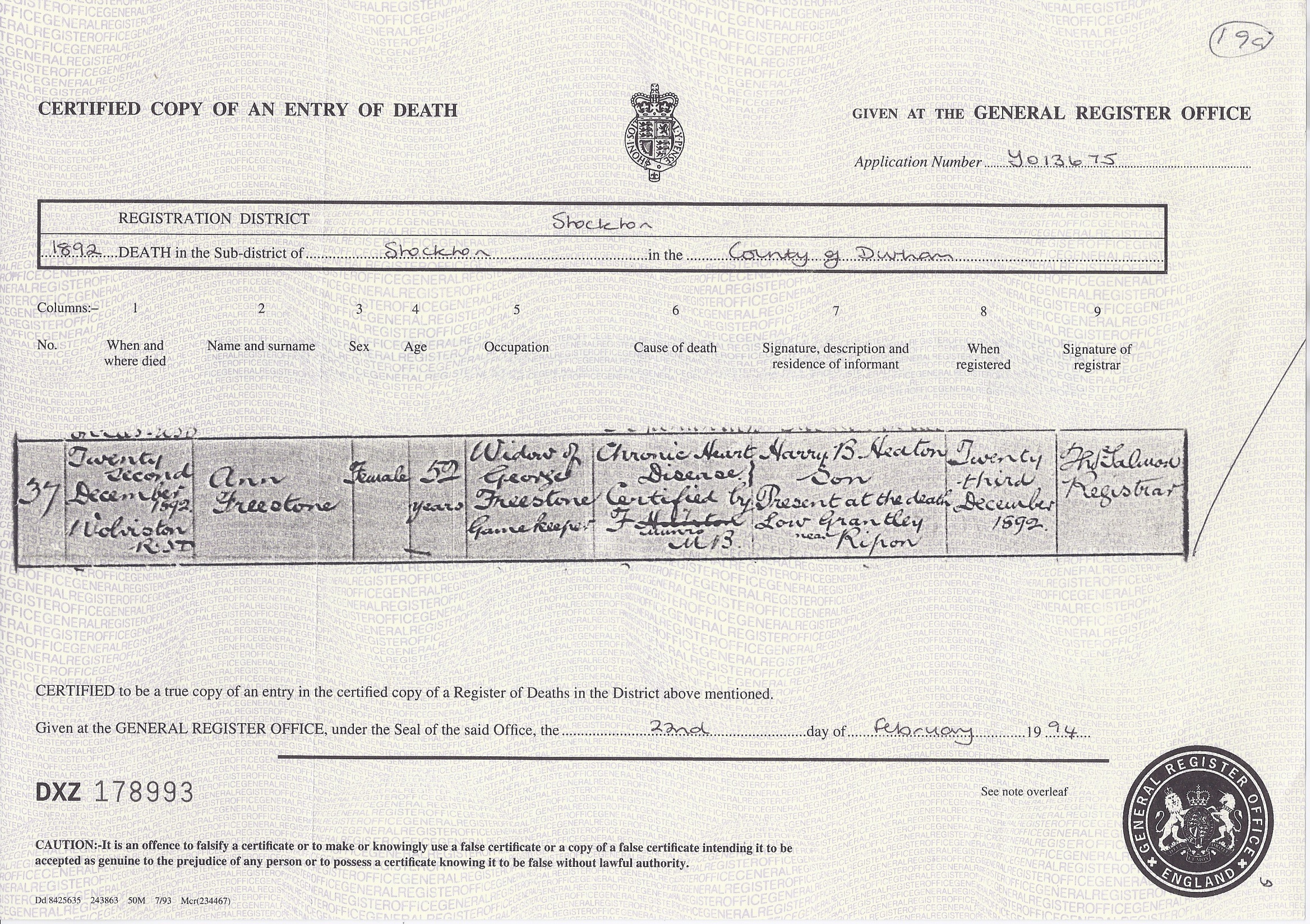 Ann Freestone's Death Certificate