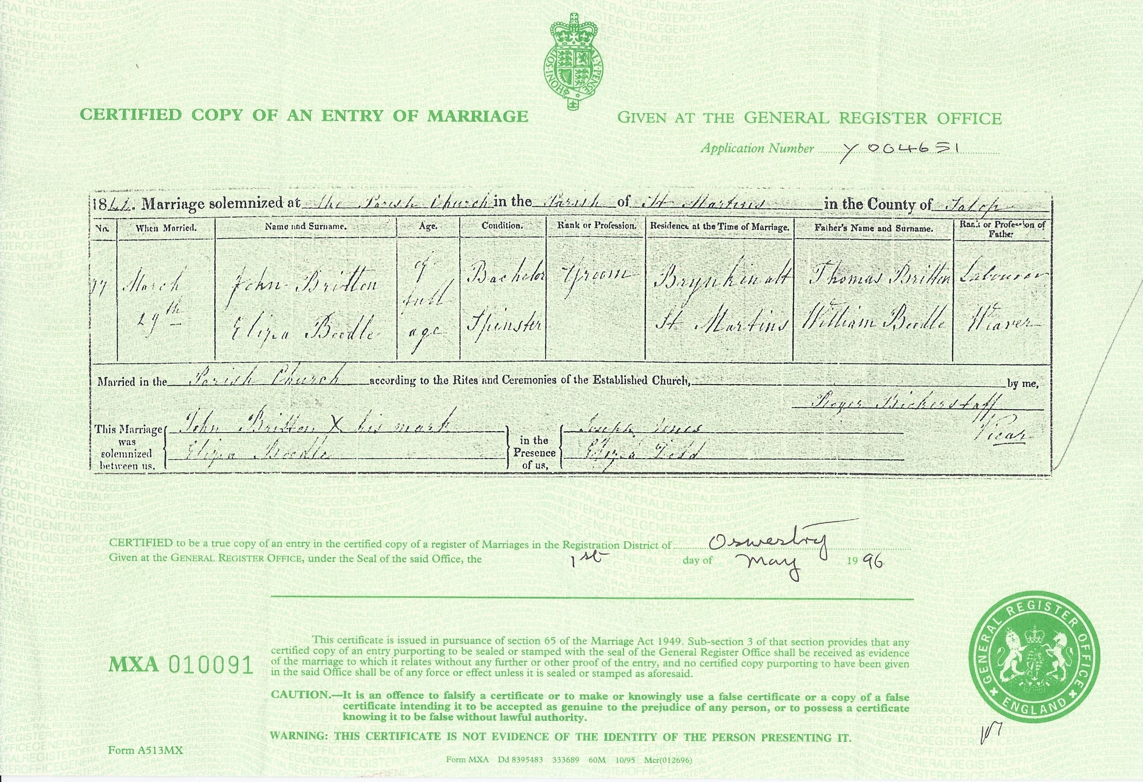 Marriage Certificate for John Britton and Eliza Boodle