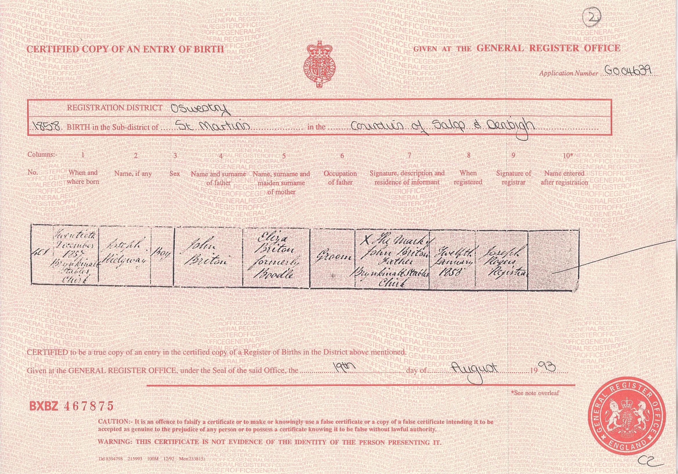 Joseph Ridgway Britton's Birth Certificate