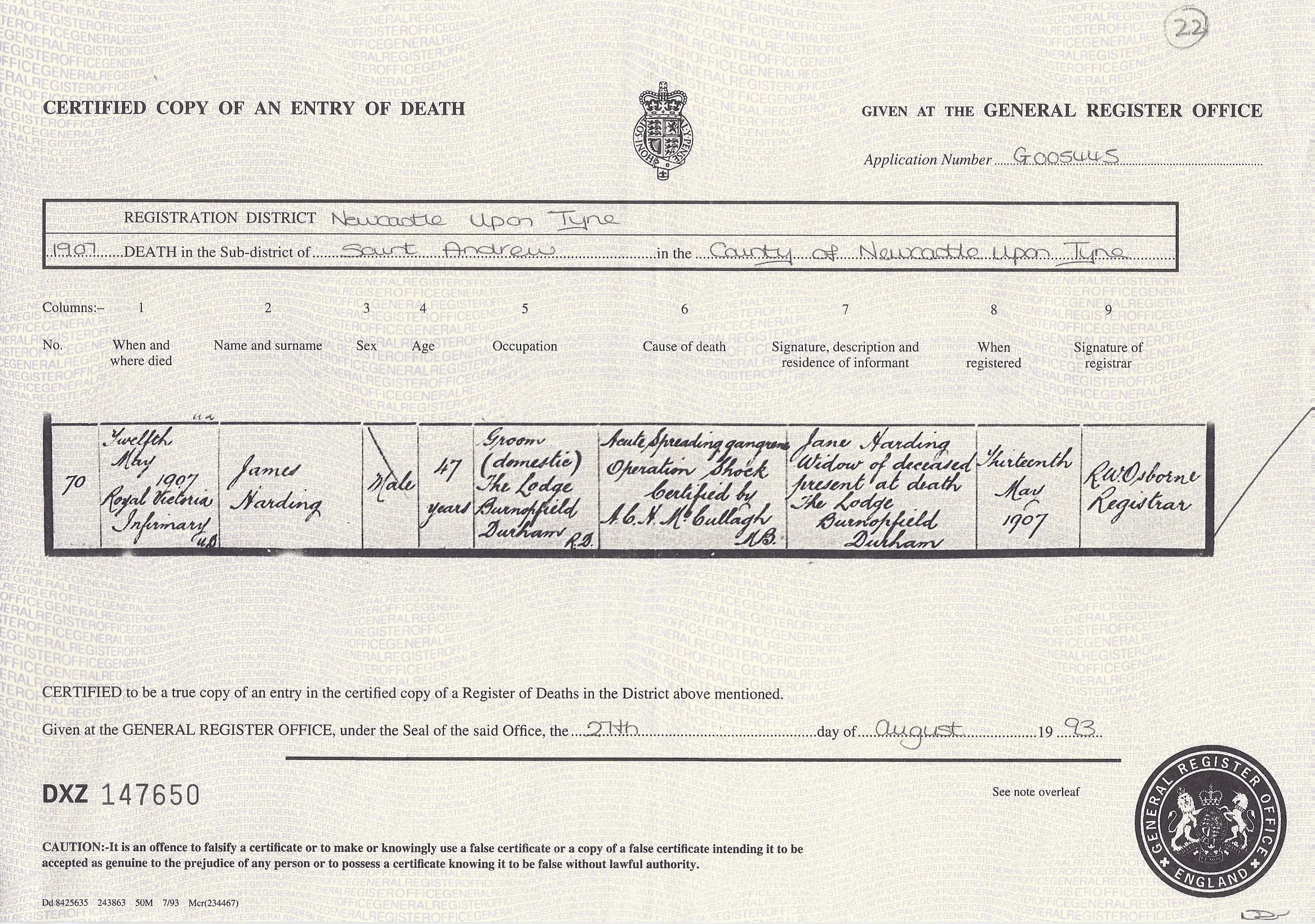 James Harding's Death Certificate