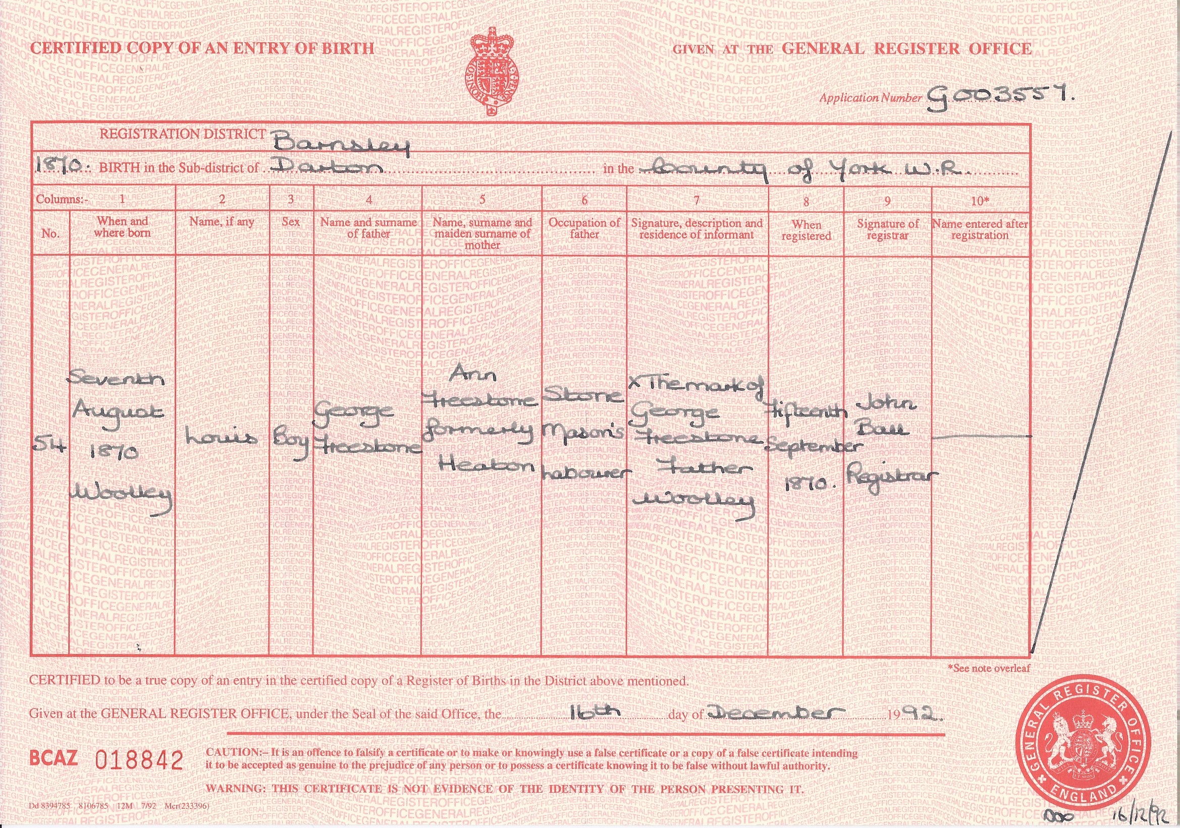 Louis Freestone's Birth Certificate