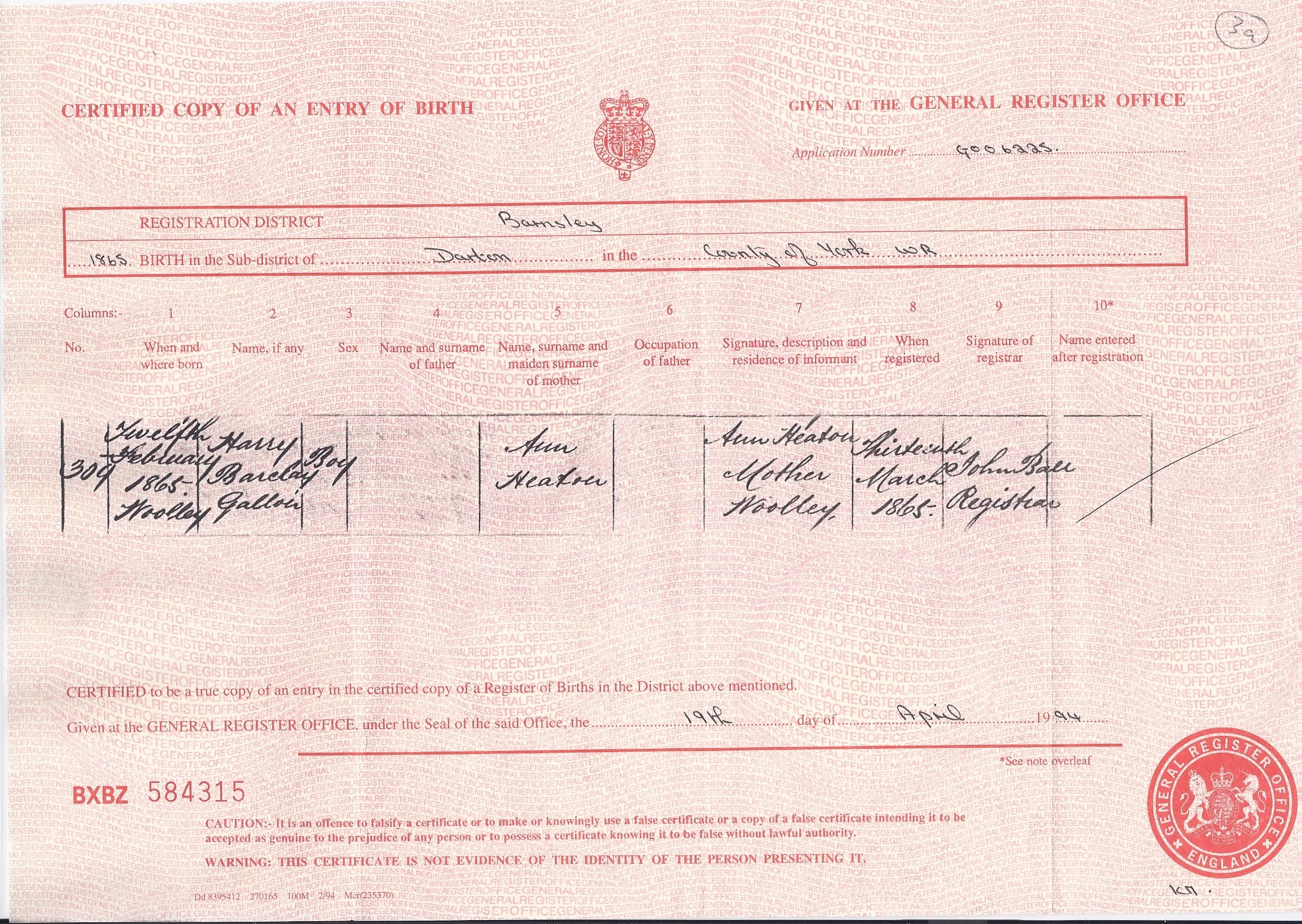 Harry Barclay Gallon Heaton's Birth Certificate