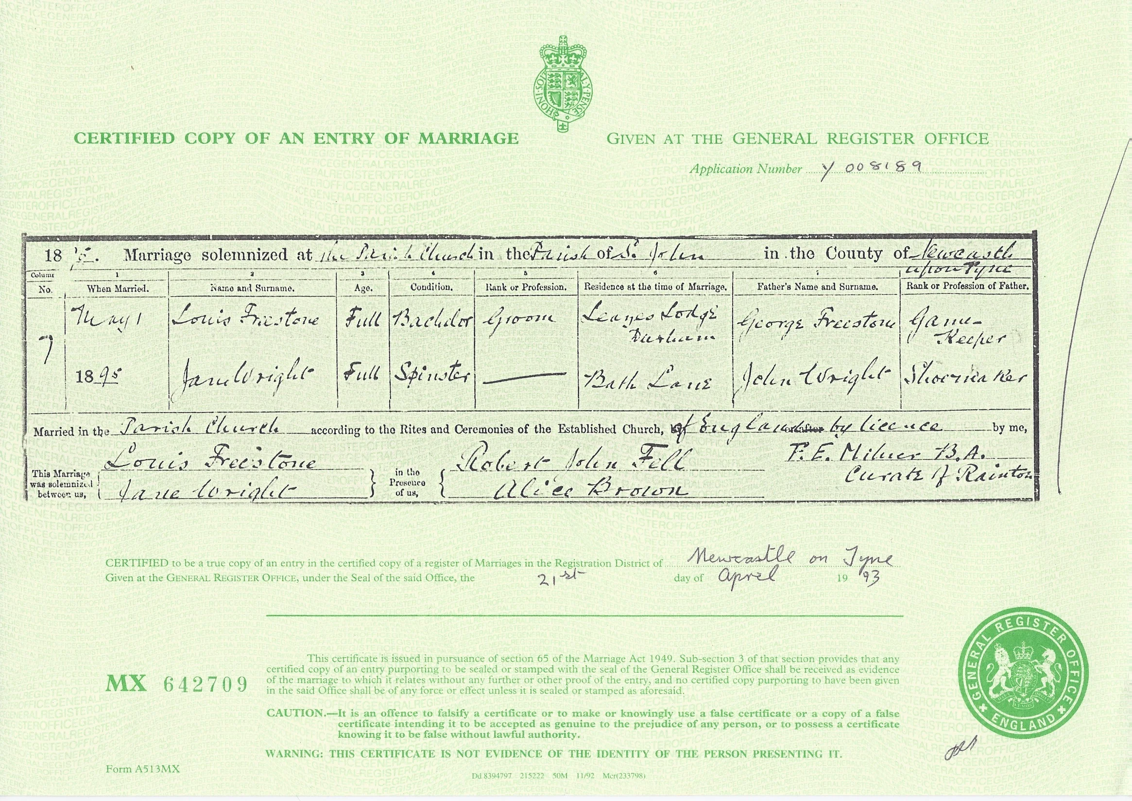 Marriage Certificate for Louis Freestone and Jane Wright