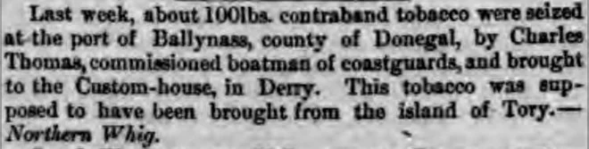 Report in Dublin Evening Mail of 30 August 1861 of tobacco seizure by Charles Thomas