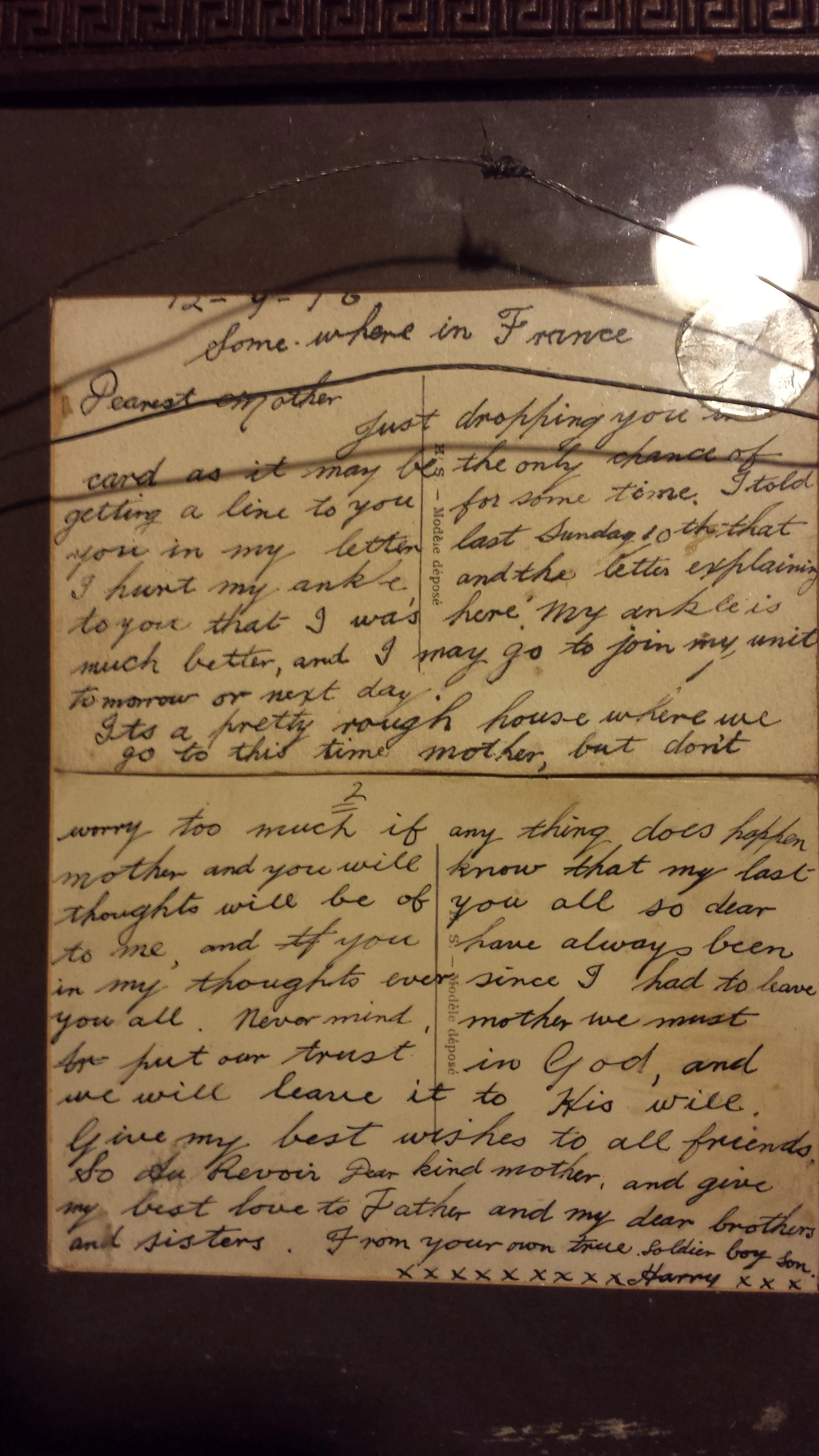 Card written from the Somme by Henry James Faull to his mother- see transcription above