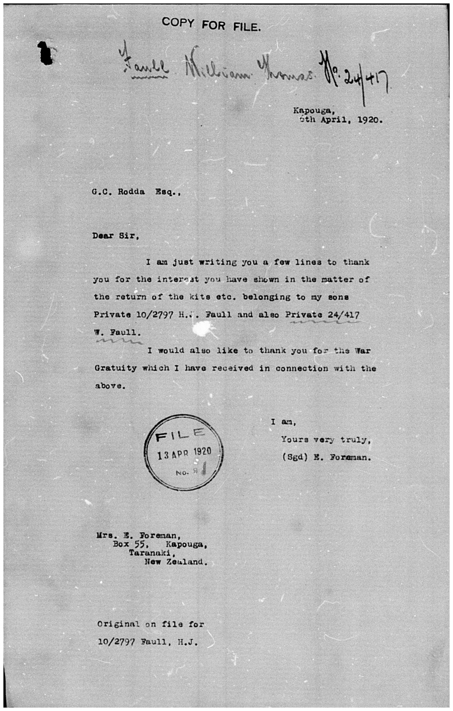 Letter written by Elizabeth Ann Foreman in 1920 relating to her sons' war kits and a war gratuity