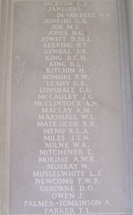 Panel 67 of the Runnymede Memorial with J.G. McCauley listed