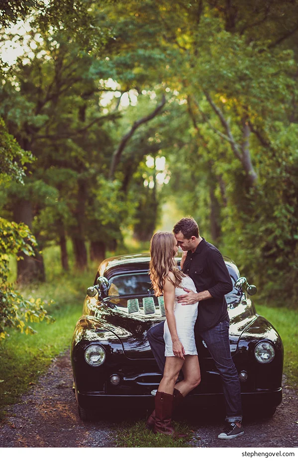 hot rod motorcycle classic car engagement photos forest woods sunset