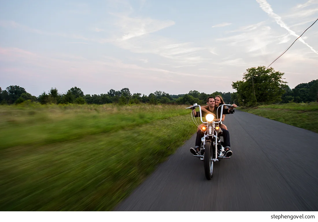 hot rod motorcycle classic car engagement photos forest woods sunset