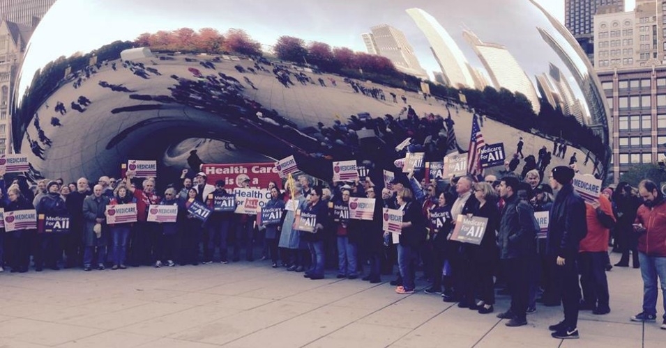 Rally for healthcare justice at Chicago's "Bean." (Photo: Donna Smith)