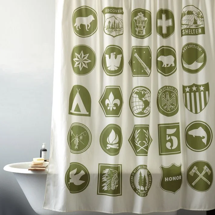 This one's a hoot: West Elm's Scout Shower Curtain is a stylized take on merit badges.