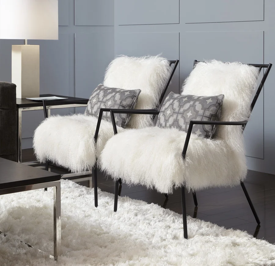 Ansel Chair: Black metal Windosr with Tibetan Lambswool Cushions from Mitchell Gold + Bob Williams