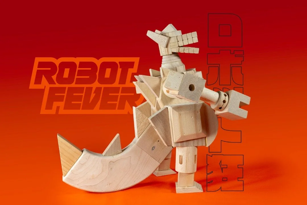 MechaBlockzilla - my take on the classic robotic kaiju, made entirely from childrens wood block toys (with glue and screws).
He is posable and stands about 12&rdquo; tall. 
Wood blocks are one of those nearly universal childhood toys, whether at scho