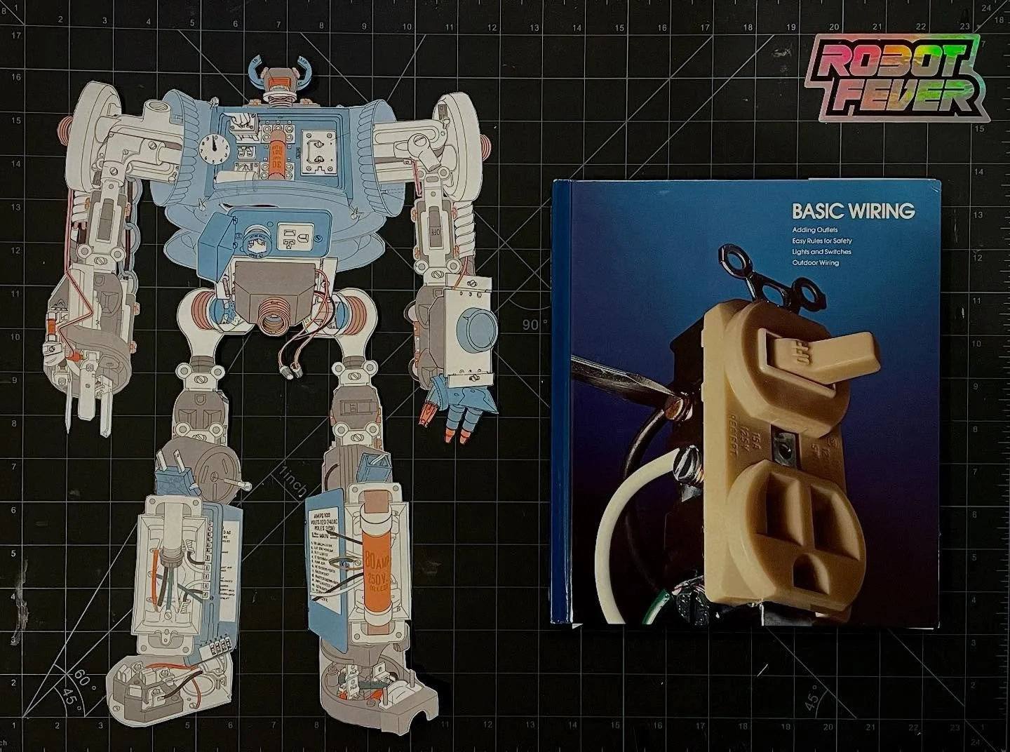 New robot, collaged from illustrations in this &ldquo;Basic Wiring&rdquo; book. Check out my reel to see how it came together in a timelapse. 
The Robot Fever project started as &ldquo;transforming&rdquo; car advertisements into robot collages, it wa