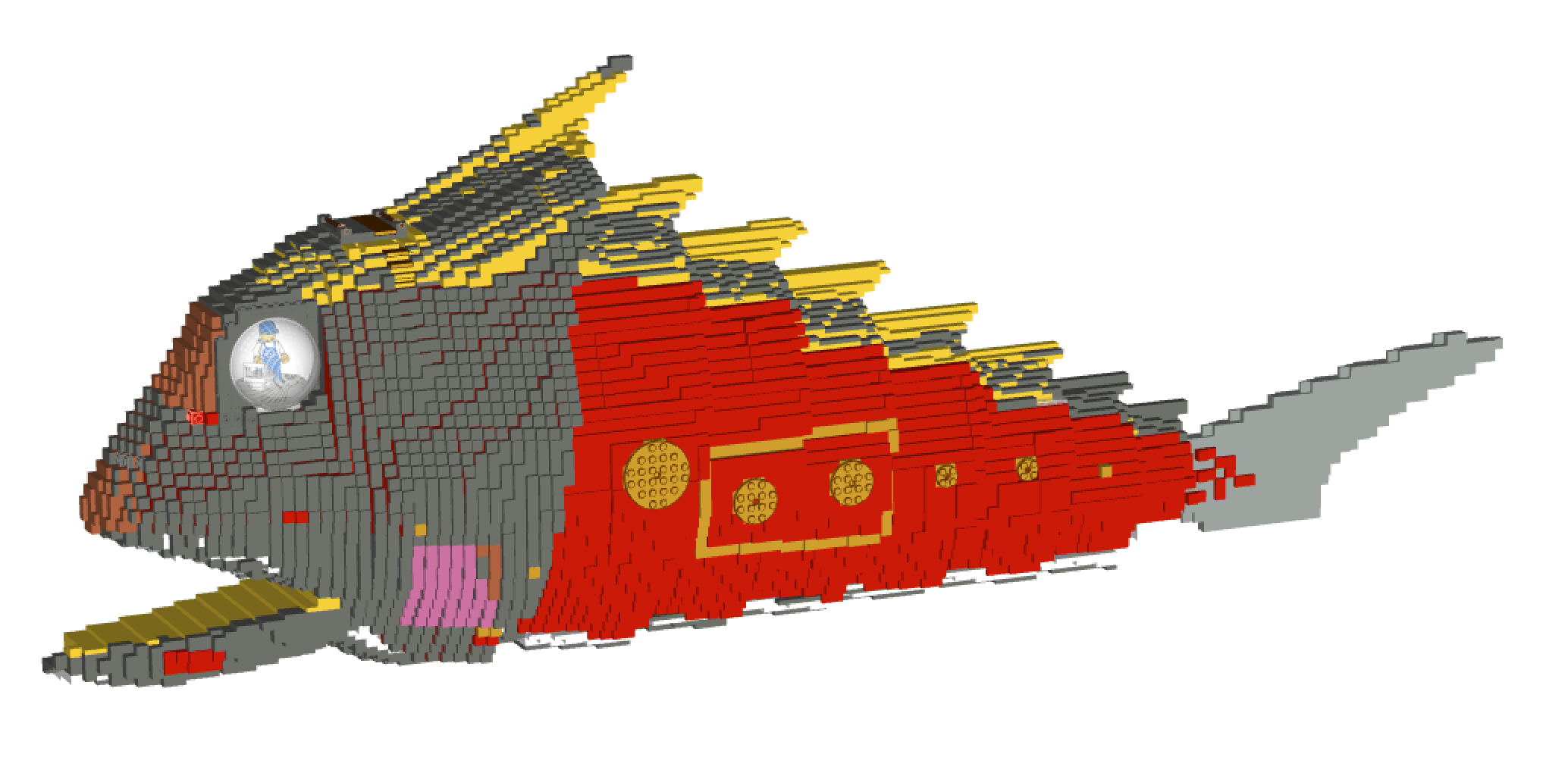 Final ldraw design. False coloured to show the direction of the bricks (up/down/left/right etc)