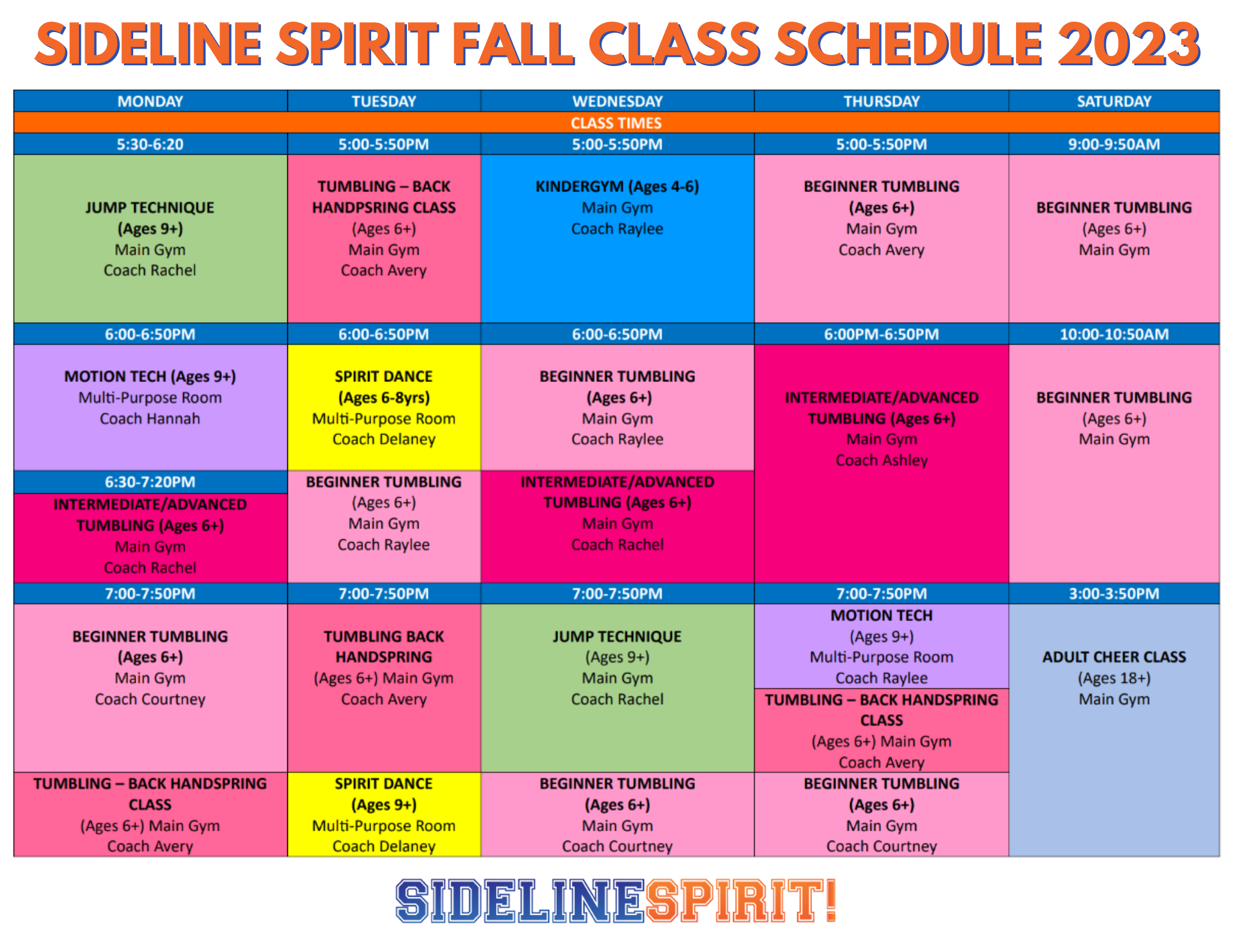 Class Schedule — Sideline Spirit