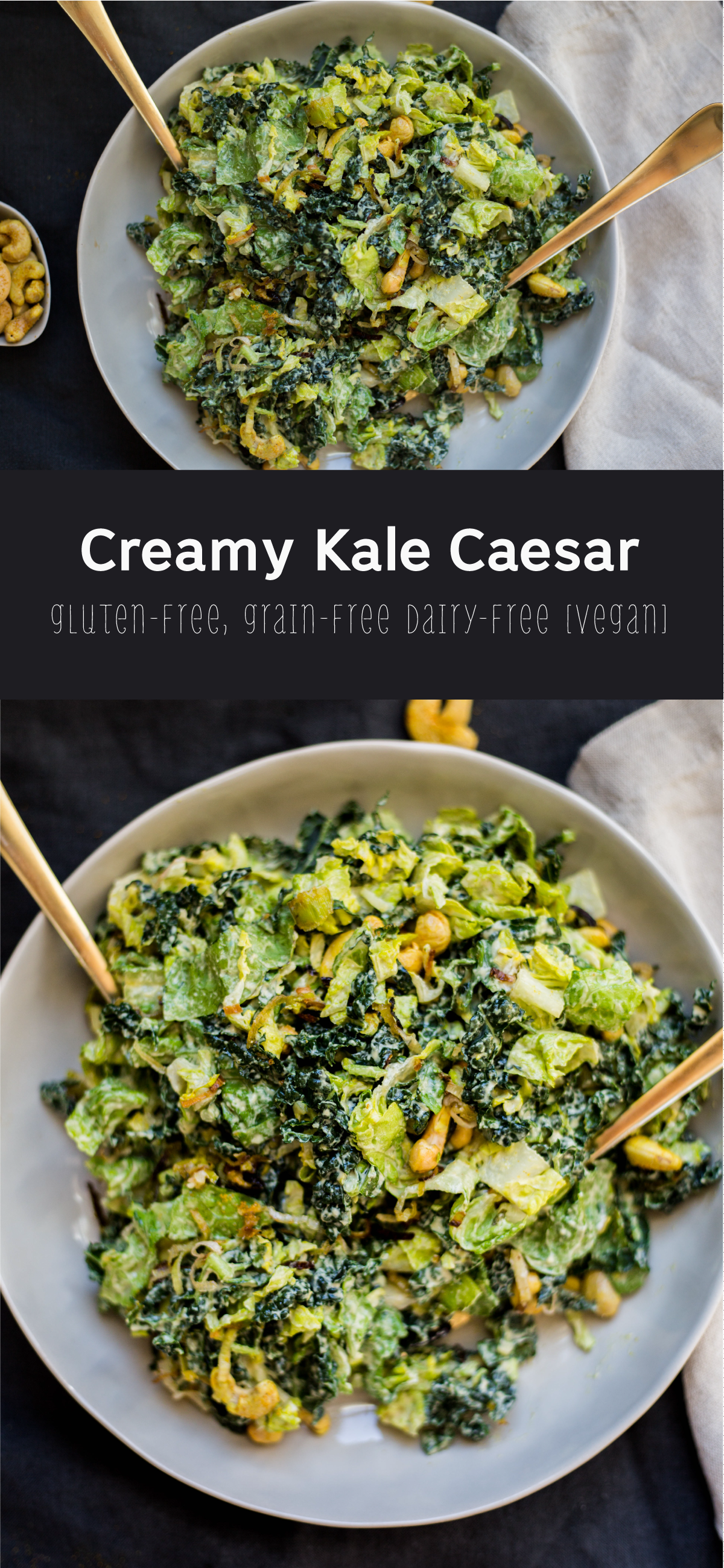 Creamy Kale Caesar Salad with Cashew Croutons and Crispy Leeks. Recipe and photos via PureKitchen Blog