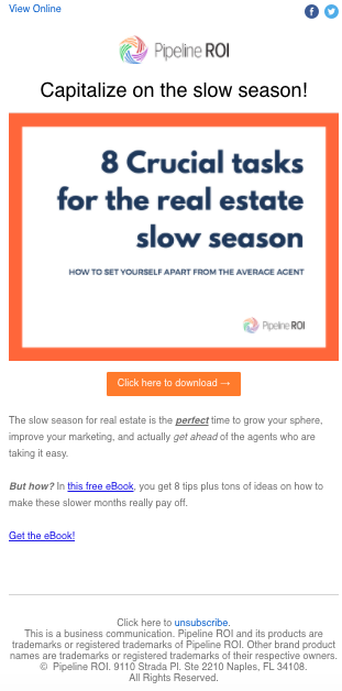 E-mail promoting "Slow season" eBook offer