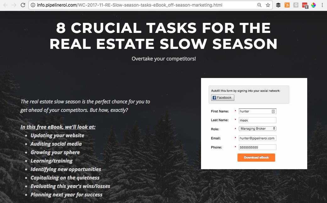 Landing page for "Slow season" eBook content download