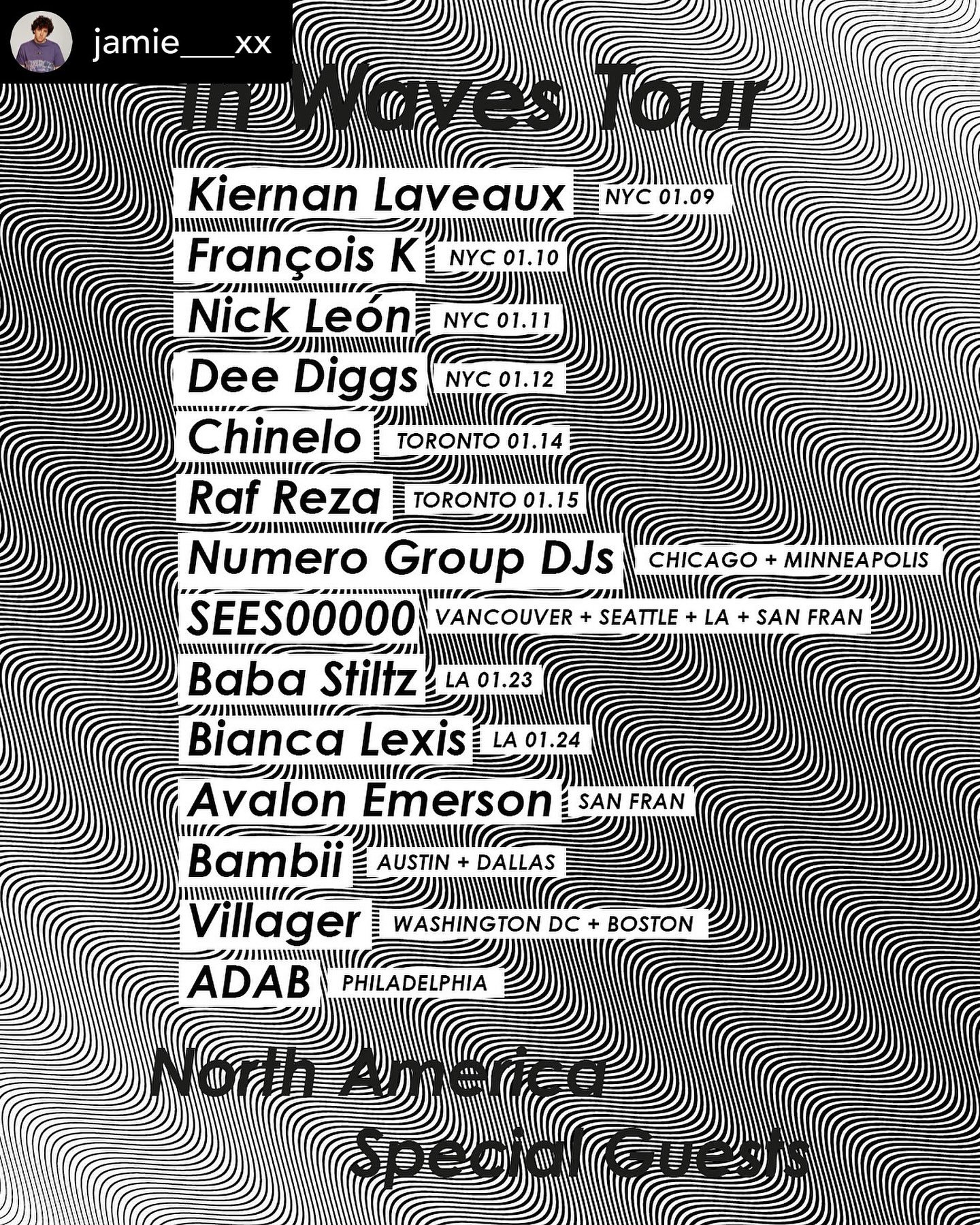 Reposted &bull; @jamie___xx In just a few weeks I am taking the In Waves Tour to North America, where I will be joined by some incredible DJs and friends. It&rsquo;s gunna be loads of fun. Some tickets left in select cities via jamiexx.com/tour
 
01.