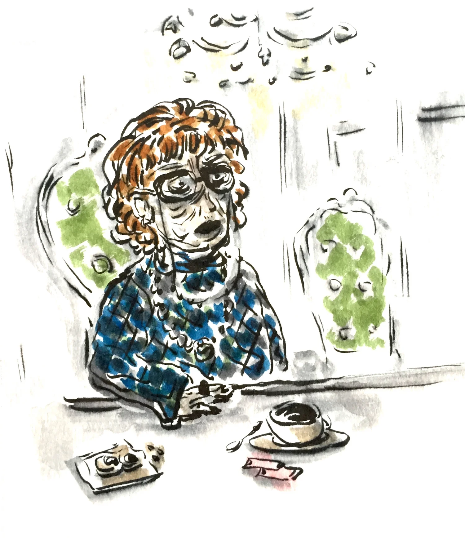 Grandma Trudy at my parents' dining room table, with two Sweet 'N Lows