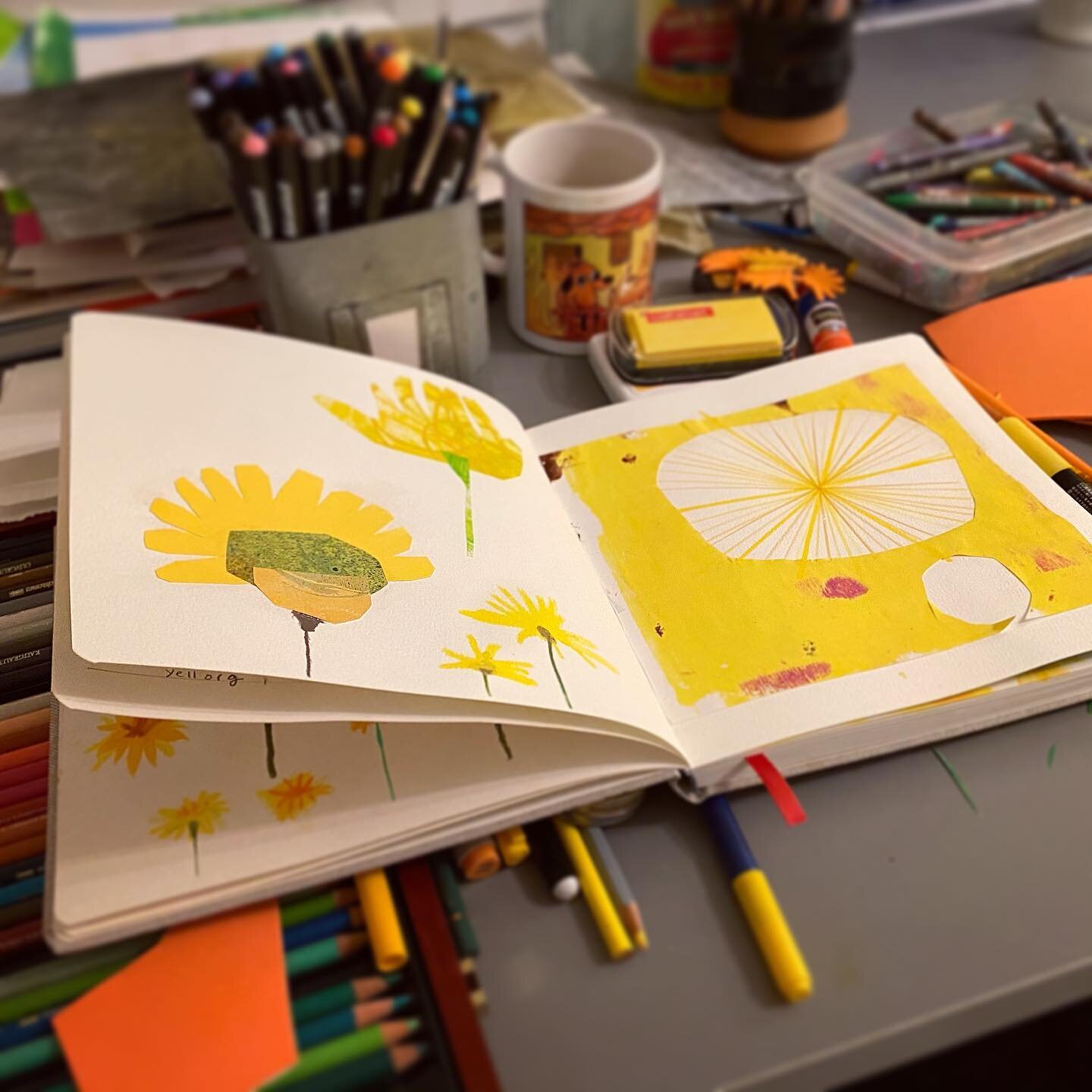 i think i&rsquo;m calling it a night (+ now there&rsquo;s a huge mess that i can&rsquo;t blame on the kids!) #illustrationinprogress #artprocess #artplay #collageart #cutpapercollage #newsketchbook @artezaofficial #dandelion #inspiredbynature