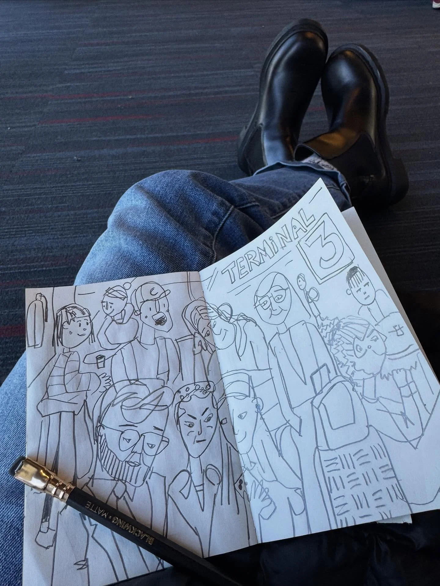 waiting&hellip; waiting. drawing &amp; digging my new docs. #airportdrawing #drawingpeople #blackwing #mujinotebook #docmartins #byechicago