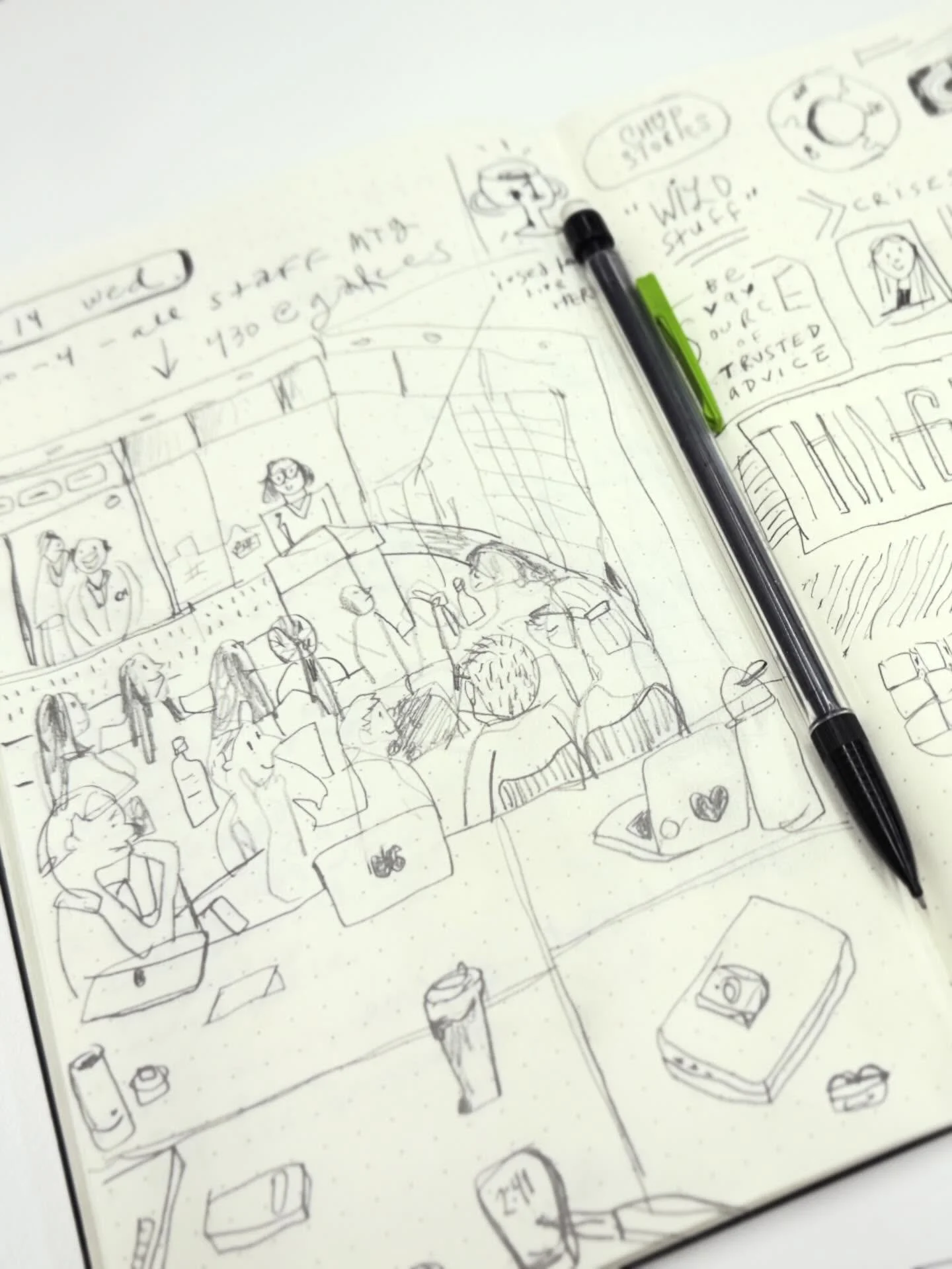 Drawing helps me listen + focus. Anyone else? Also - It&rsquo;s nice having meetings inperson. #goodmeeting #lovemyjob #inhousedesign #moleskinsketchbook #sketchnotes