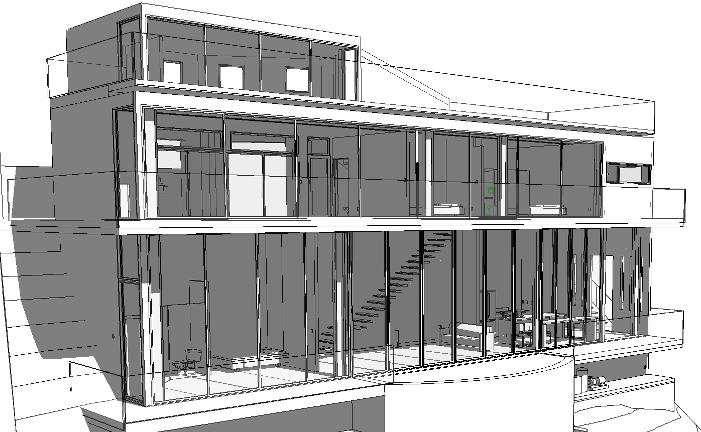 Black and white rendering showing cantilevering stair on first level