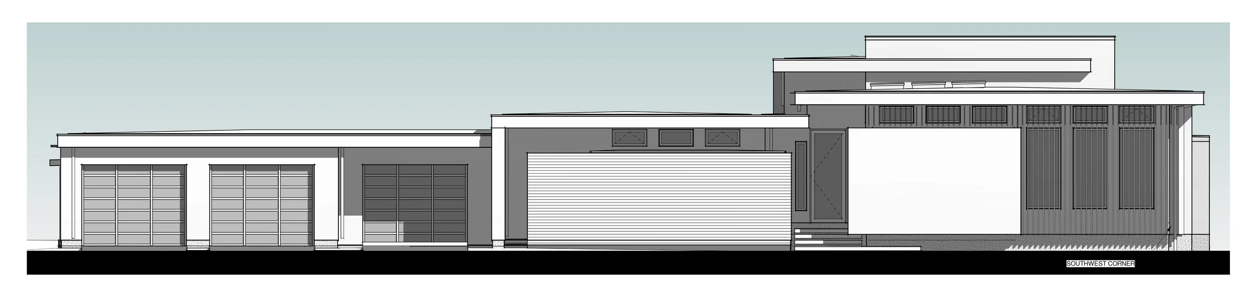 West Elevation-Note exterior mounted sunscreen on southwest corner