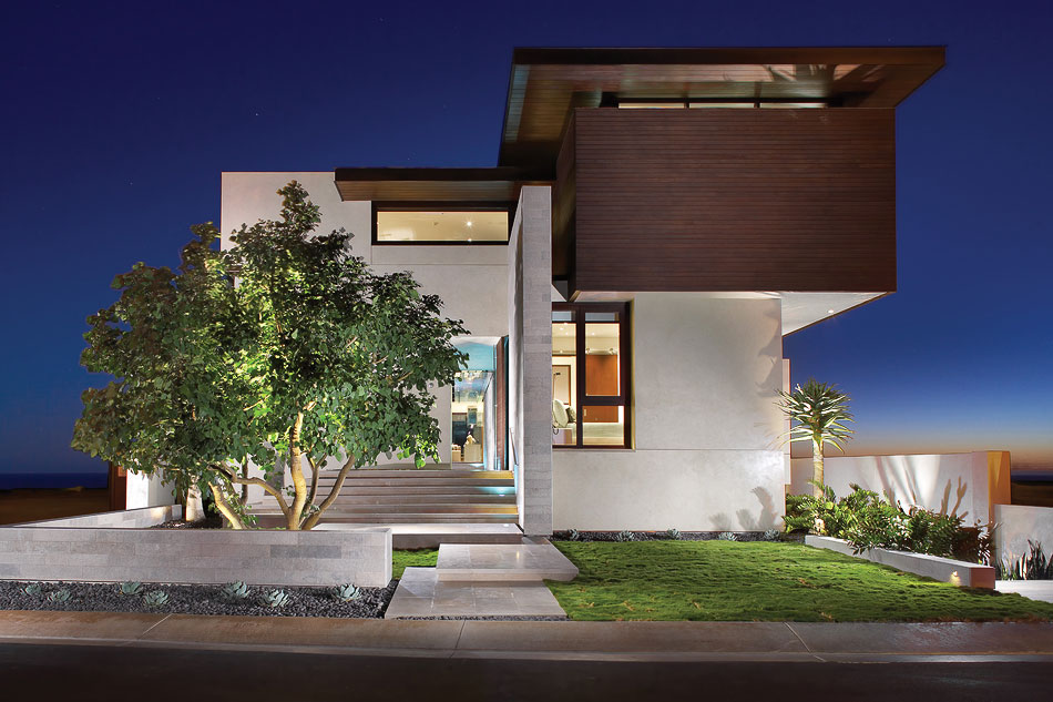 BEACH VIEW AVENUE Scope: New Construction. 7,490 Square Feet. Status: Complete. This modern residence has 5 bedrooms and 4 bathrooms, 3 of which are master suites, on three levels. The house wraps around a center courtyard enclosing a large spa, lap pool, and integrated entry water feature. Expansive decks capture the views of the ocean beyond. Completed by Horst Architects; Keith Messick, Project Manager.