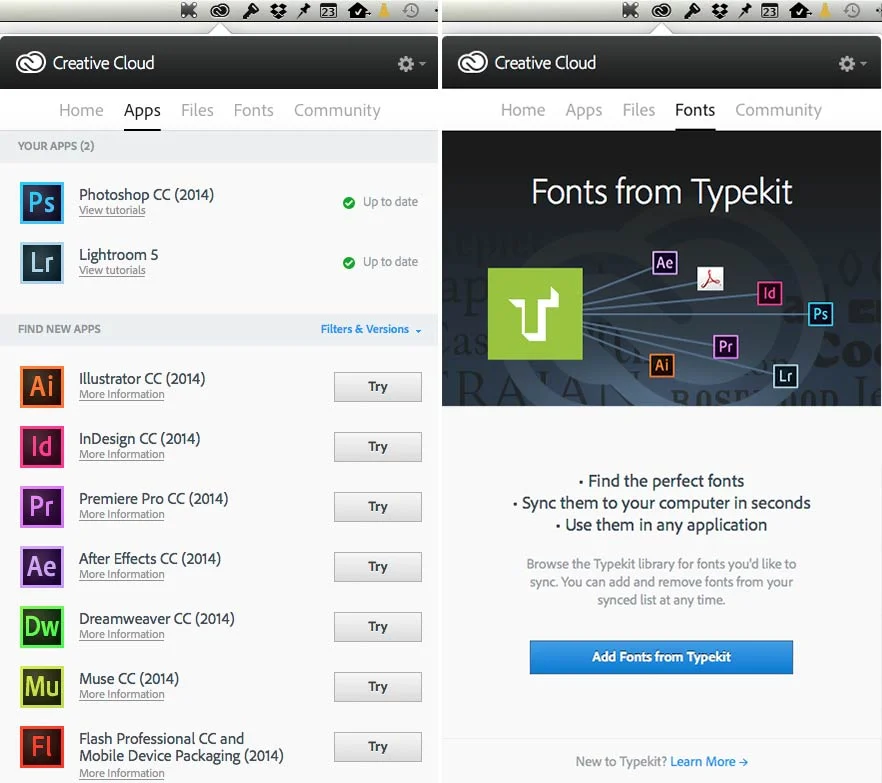 The CC control panel. Left: Installed and available apps. Right: Typekit integration.