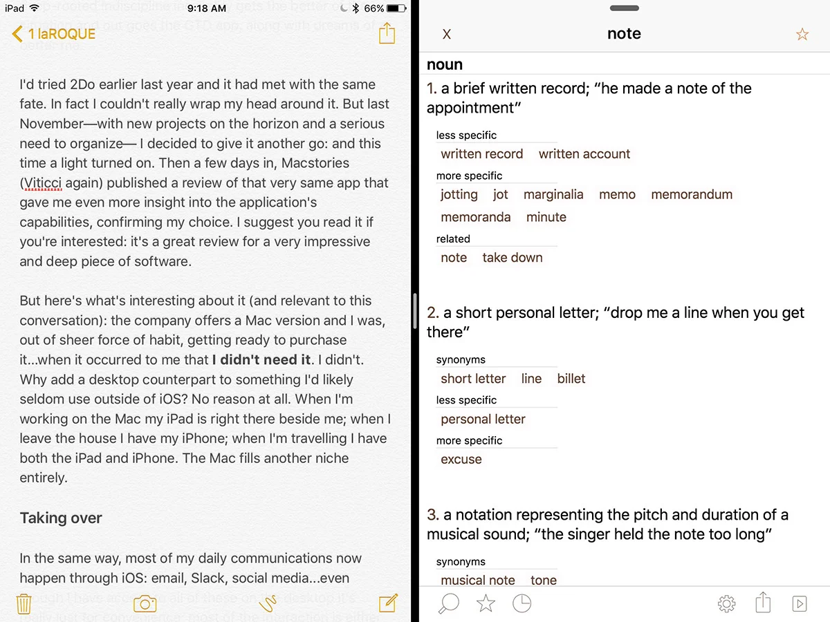 Split screen with Notes and Terminology
