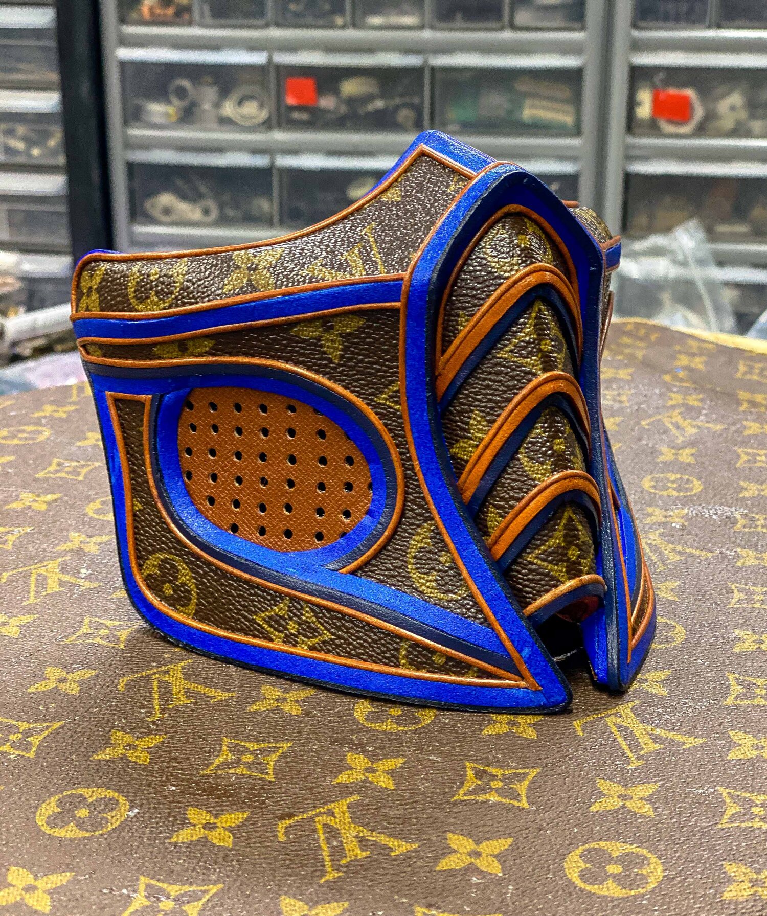 Hand painted upcycled Louis Vuitton face mask