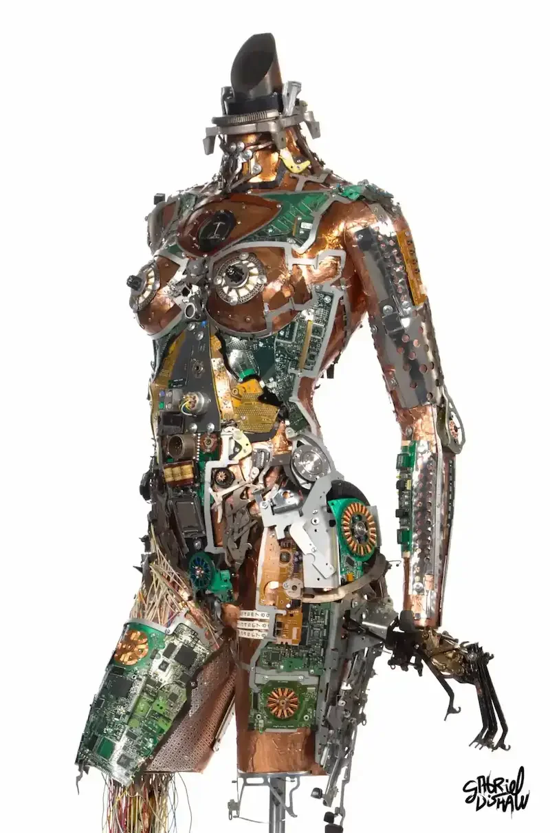 Fembot upcycled figurative sculpture by Gabriel Dishaw — reclaimed e-waste and luxury materials