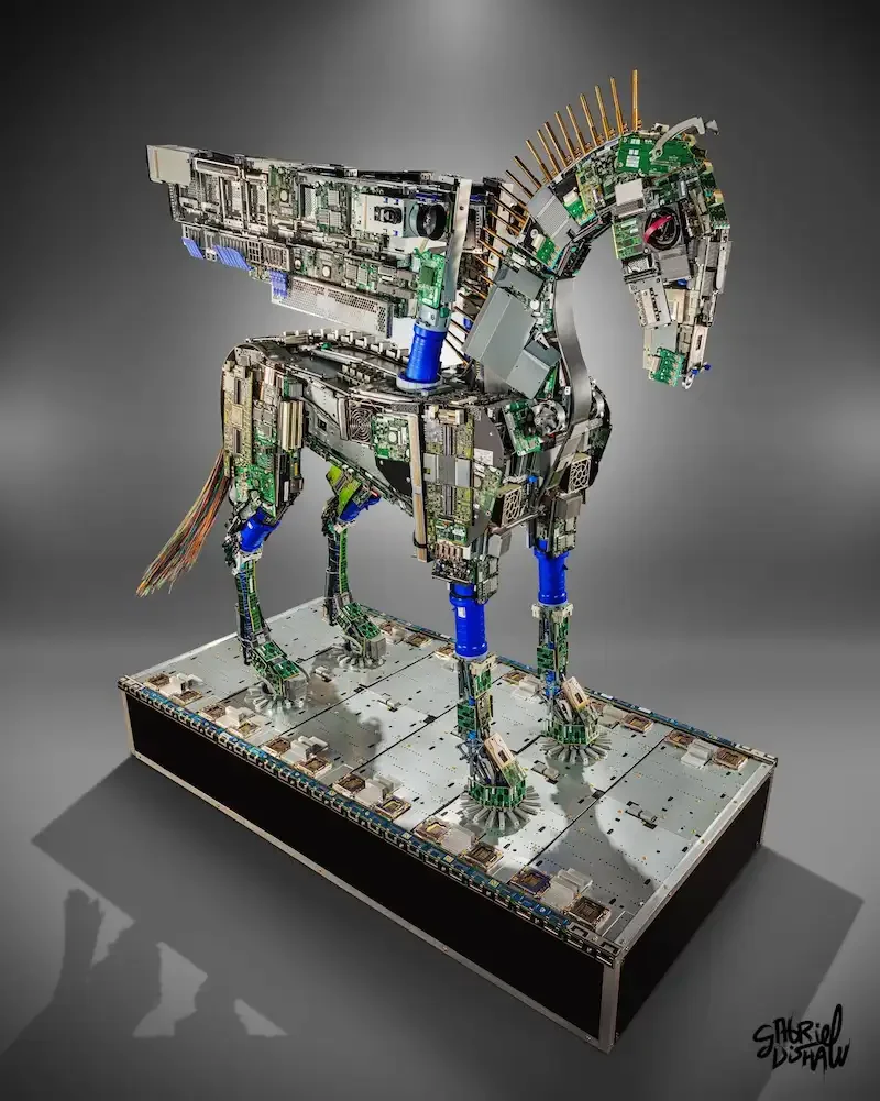 Upcycled Pegasus sculpture by Gabriel Dishaw — e-waste and found object art commissioned by Capital One