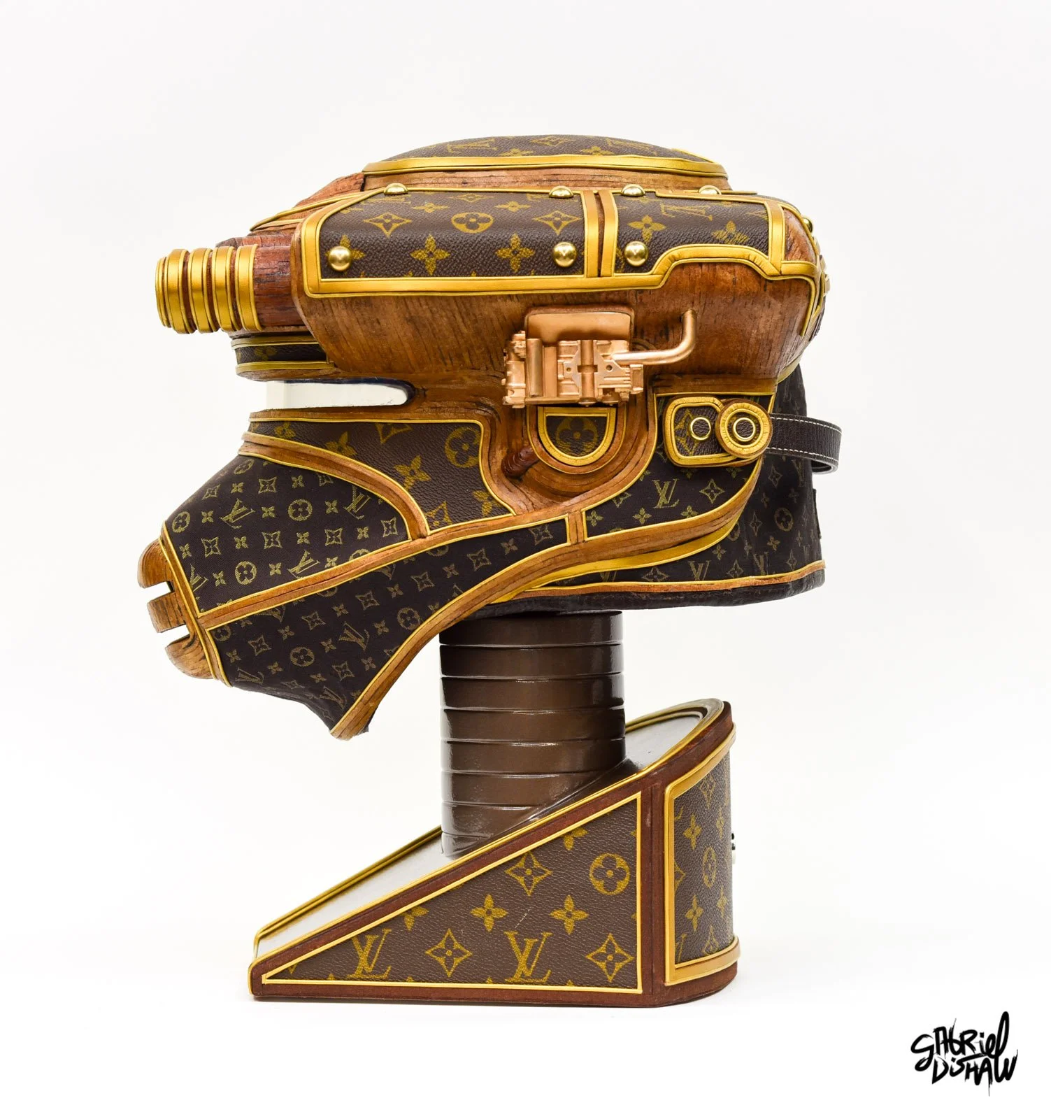 Boushh de Vuitton wearable Star Wars bounty hunter helmet sculpture by Gabriel Dishaw, upcycled Louis Vuitton leather