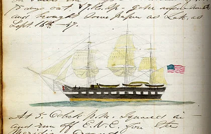 Pencil and watercolor on paper by Joseph Bogart Hersey, American (fl. ca, 1843-51), Ship Corinthian of New London, from Hersey’s journal aboard the bark Samuel and Thomas of Provincetown, MA, John Swift master, September 12, 1846-April 13, 1848. 