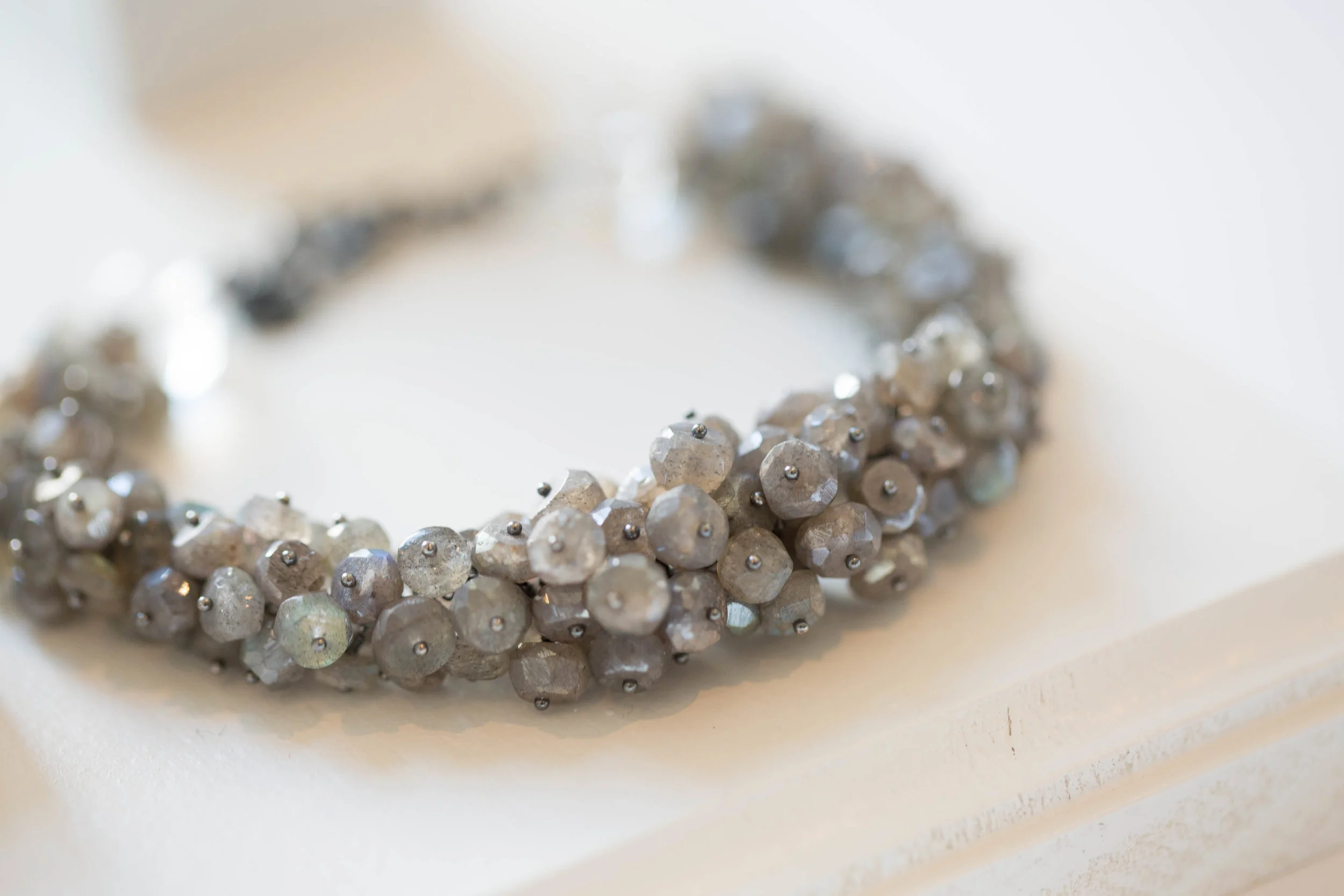 107.85 carat labradorite, 13.9 carat rock crystal quartz and oxidized recycled sterling silver bracelet with bar and toggle clasp by Michelle Pajak-Reynolds