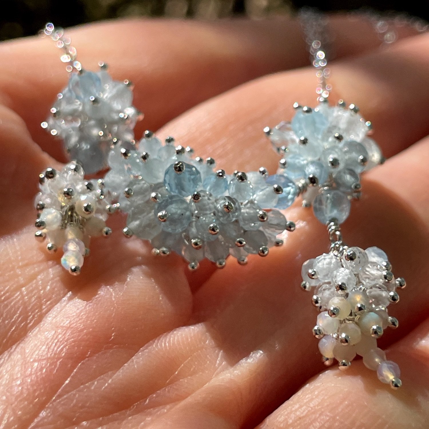 Sterling Silver Aquamarine Clear Quartz and Australian Opal Enna Necklace.