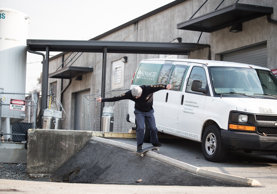 We came back to Asheville and Justin still had the fire in him. And he's working on an interview for my zine... So he back lipped up these curbs through the crack and all.