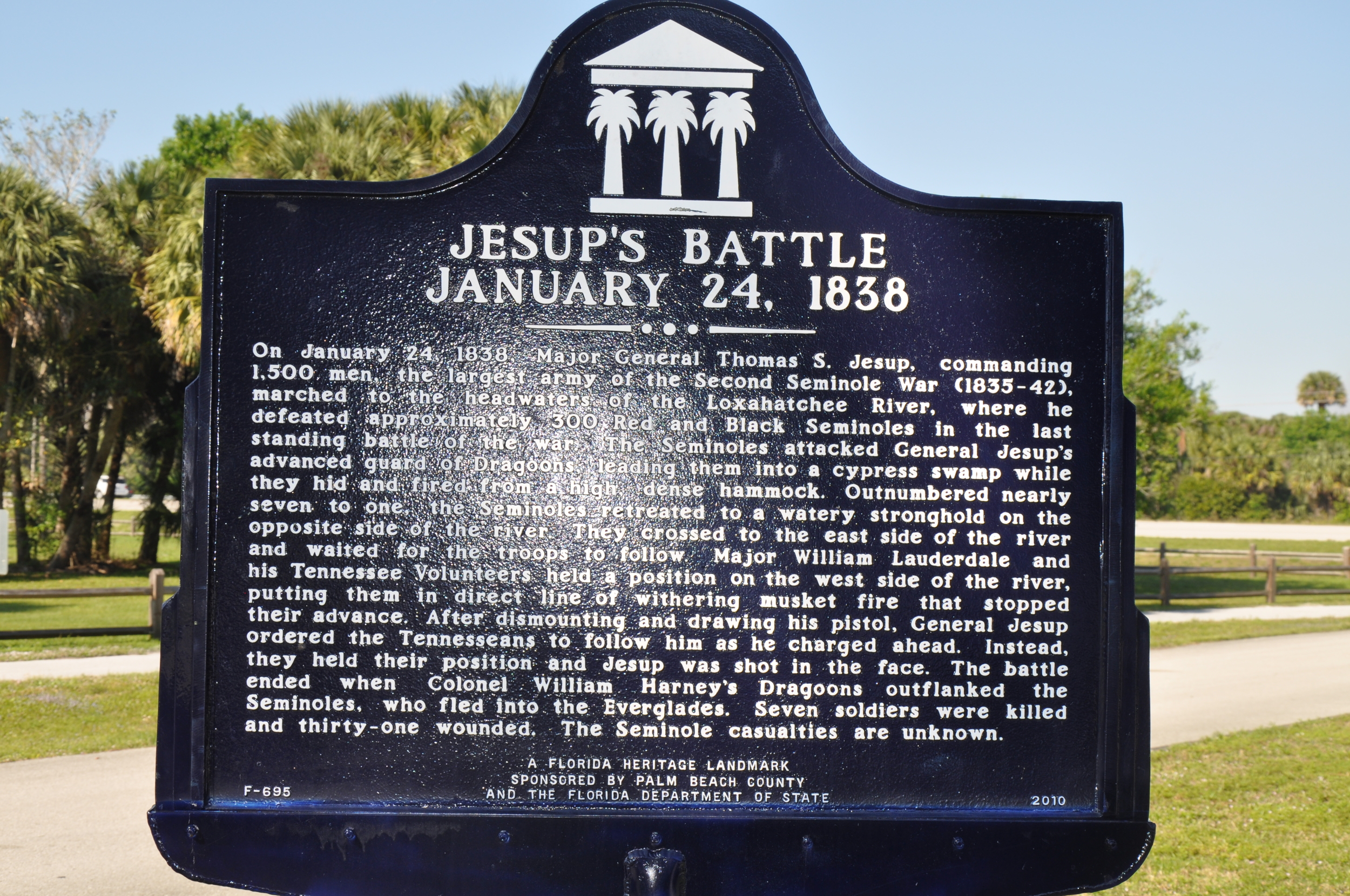 Riverbend Park Palm Beach County Jesups Battle Historic Sign.JPG