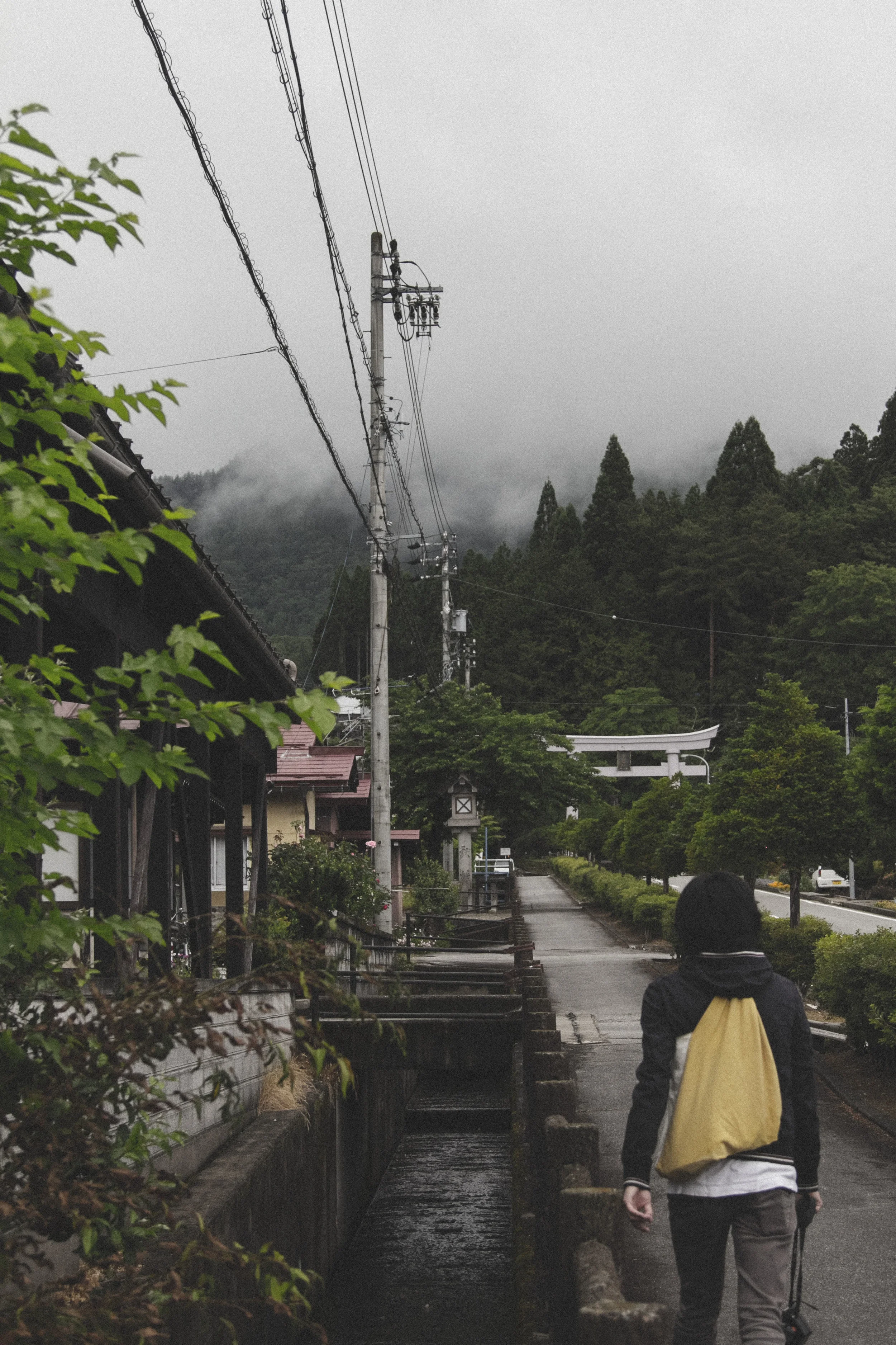 On our way up to the shrine. You can see the recessed canal that runs adjacent to all the streets. This street is much larger than the majority of the town, as there is usually not a separated sidewalk like here. 