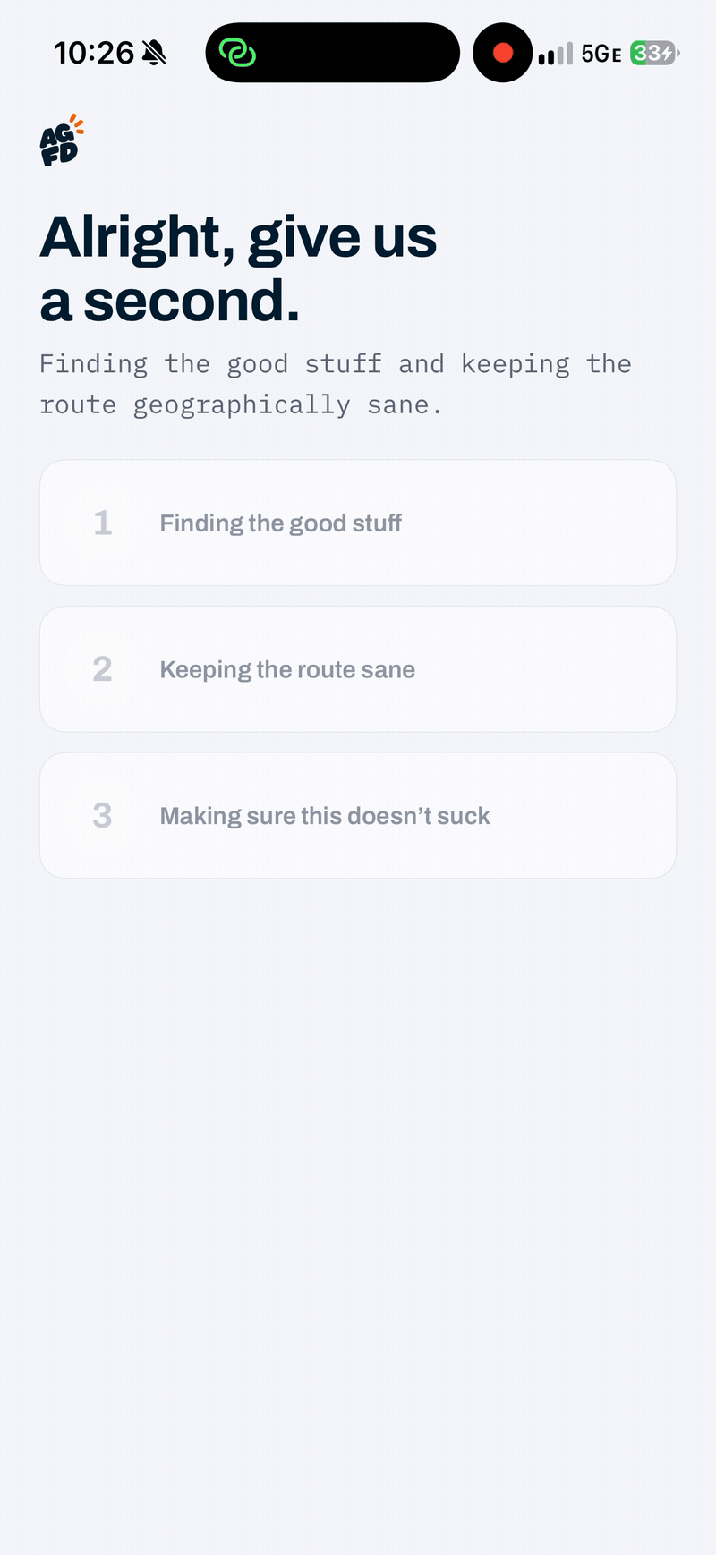 A Good Fckn Day generating a plan in three steps, then revealing an itinerary with confetti